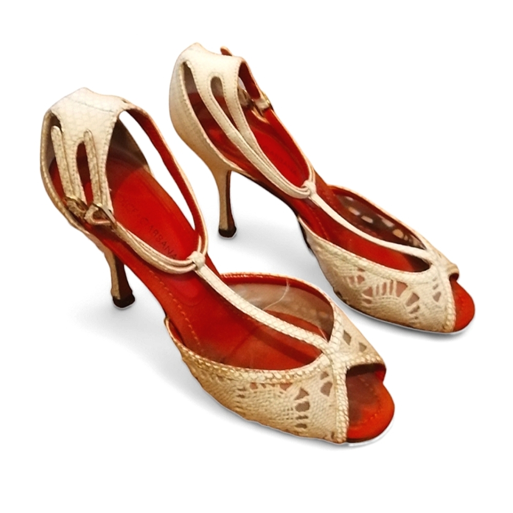 DOLCE & GABBANA Snakeskin Mesh Off-White and Red T-Strap Sandal Heels